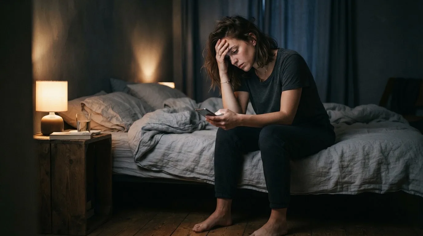 Žena drží telefon a druhou rukou si promne čelo unaveným gestem ve večerním pokoji.