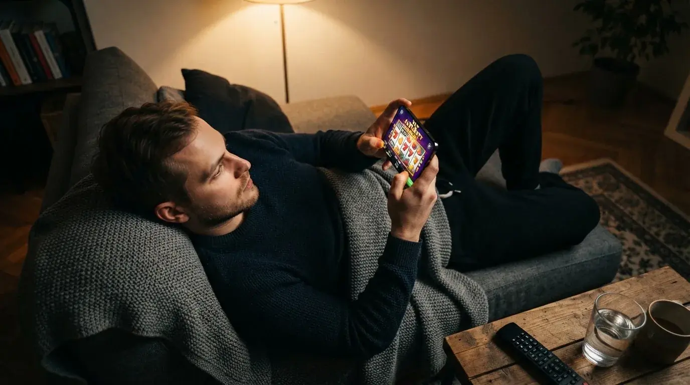 Muž na gauči drží telefon oběma rukama a soustředěně sleduje hru na displeji.